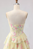Yellow Strapless A-line Corset Bodice Floral Long Prom Dress with Chiffon Ruffle Skirt