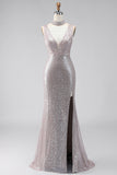 Silver Sequins Mermaid Slit V-Neck Long Formal Dress