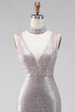 Silver Sequins Mermaid Slit V-Neck Long Formal Dress