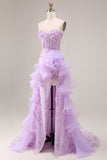 Sparkly Lilac Sweetheart Ruffled Sheath Side Slit Long Prom Dress with 3D Flowers