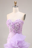 Sparkly Lilac Sweetheart Ruffled Sheath Side Slit Long Prom Dress with 3D Flowers