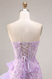 Sparkly Lilac Sweetheart Ruffled Sheath Side Slit Long Prom Dress with 3D Flowers