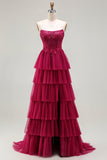 Fuchsia Strapless A Line Appliqued Corset Tiered Ruffle Long Prom Dress with Slit