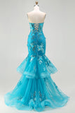 Blue Mermaid Strapless Sequins Corset Ruffled Long Prom Dress with Lace Up Back