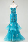 Blue Mermaid Strapless Sequins Corset Ruffled Long Prom Dress with Lace Up Back