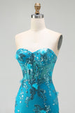 Blue Mermaid Strapless Sequins Corset Ruffled Long Prom Dress with Lace Up Back