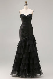 Black Sweetheart Mermaid Beaded Long Prom Dress with Ruffles