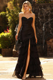 Black Mermaid Tiered Ruffle Sweetheart Ruched Long Prom Dress with Slit