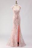 Blush Sequins Mermaid Embroidered Long Prom Dress with Slit