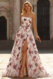 Strapless White Red Flower A-Line Basque Waist Long Prom Dress with Slit