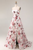 Strapless White Red Flower A-Line Basque Waist Long Prom Dress with Slit