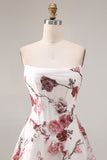 Strapless White Red Flower A-Line Basque Waist Long Prom Dress with Slit