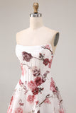 Strapless White Red Flower A-Line Basque Waist Long Prom Dress with Slit