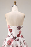 Strapless White Red Flower A-Line Basque Waist Long Prom Dress with Slit