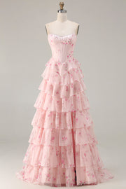 Strapless Pink A Line Tiered Ruffle Corset Floral Long Prom Dress with Slit