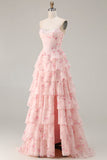 Strapless Pink A Line Tiered Ruffle Corset Floral Long Prom Dress with Slit