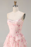 Strapless Pink A Line Tiered Ruffle Corset Floral Long Prom Dress with Slit