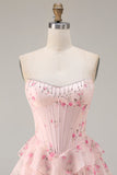 Strapless Pink A Line Tiered Ruffle Corset Floral Long Prom Dress with Slit