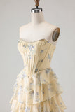 Strapless Yellow Blue Flower A Line Tiered Ruffle Corset Long Prom Dress with Slit