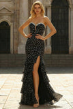 Black White Polka Dots Tiered Ruffle Sweetheart Mermaid Long Prom Dress with Slit