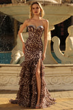 Coffee Leopard Strapless Beaded Printed Tiered Ruffle Long Prom Dress with Slit