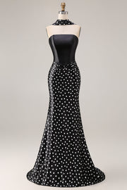Black White Polka Dots Mermaid Satin Prom Dress with a Neck Scarf