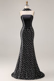 Black White Polka Dots Mermaid Satin Prom Dress with a Neck Scarf
