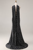 Black White Polka Dots Mermaid Satin Prom Dress with a Neck Scarf