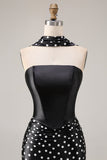 Black White Polka Dots Mermaid Satin Prom Dress with a Neck Scarf