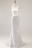 Black White Polka Dots Mermaid Satin Prom Dress with a Neck Scarf