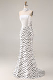 Black White Polka Dots Mermaid Satin Prom Dress with a Neck Scarf
