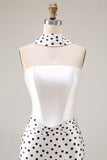 Black White Polka Dots Mermaid Satin Prom Dress with a Neck Scarf