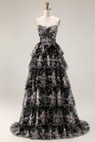 Black Pink Flower A-Line Strapless Tiered Sequin Long Prom Dress with Lace Up Back