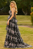 Black Pink Flower Strapless Tiered A-Line Sequin Long Prom Dress with Lace Up Back
