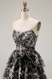 Black Pink Flower A-Line Strapless Tiered Sequin Long Prom Dress with Lace Up Back