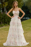 Black Pink Flower Strapless Tiered A-Line Sequin Long Prom Dress with Lace Up Back