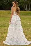 Black Pink Flower Strapless Tiered A-Line Sequin Long Prom Dress with Lace Up Back