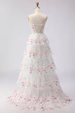 Black Pink Flower Strapless A-Line Tiered Sequin Long Prom Dress with Lace Up Back