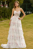 Strapless A-Line White Pink Flower Tiered Sequin Long Prom Dress with Lace Up Back