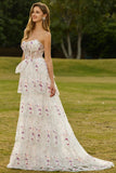 Black Pink Flower Strapless Tiered A-Line Sequin Long Prom Dress with Lace Up Back