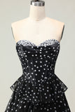 White A Line Strapless Polka Dots Tiered Ruffle Corset Long Prom Dress with Slit