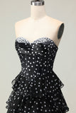 White A Line Strapless Polka Dots Tiered Ruffle Corset Long Prom Dress with Slit