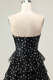 A Line Strapless Corset Tiered Polka Dots Ruffle Long Prom Dress with Slit