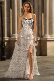 A Line Strapless Corset Tiered Polka Dots Ruffle Long Prom Dress with Slit
