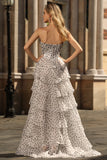 A Line Strapless Corset Tiered Polka Dots Ruffle Long Prom Dress with Slit