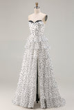 White A Line Strapless Polka Dots Tiered Ruffle Corset Long Prom Dress with Slit