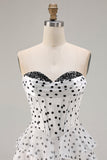 White A Line Strapless Polka Dots Tiered Ruffle Corset Long Prom Dress with Slit