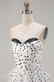 White A Line Strapless Polka Dots Tiered Ruffle Corset Long Prom Dress with Slit