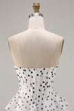 White A Line Strapless Polka Dots Tiered Ruffle Corset Long Prom Dress with Slit