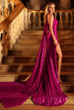 Sparkly Fuchsia Halter Mermaid Sequin Backless Long Prom Dress with Slit